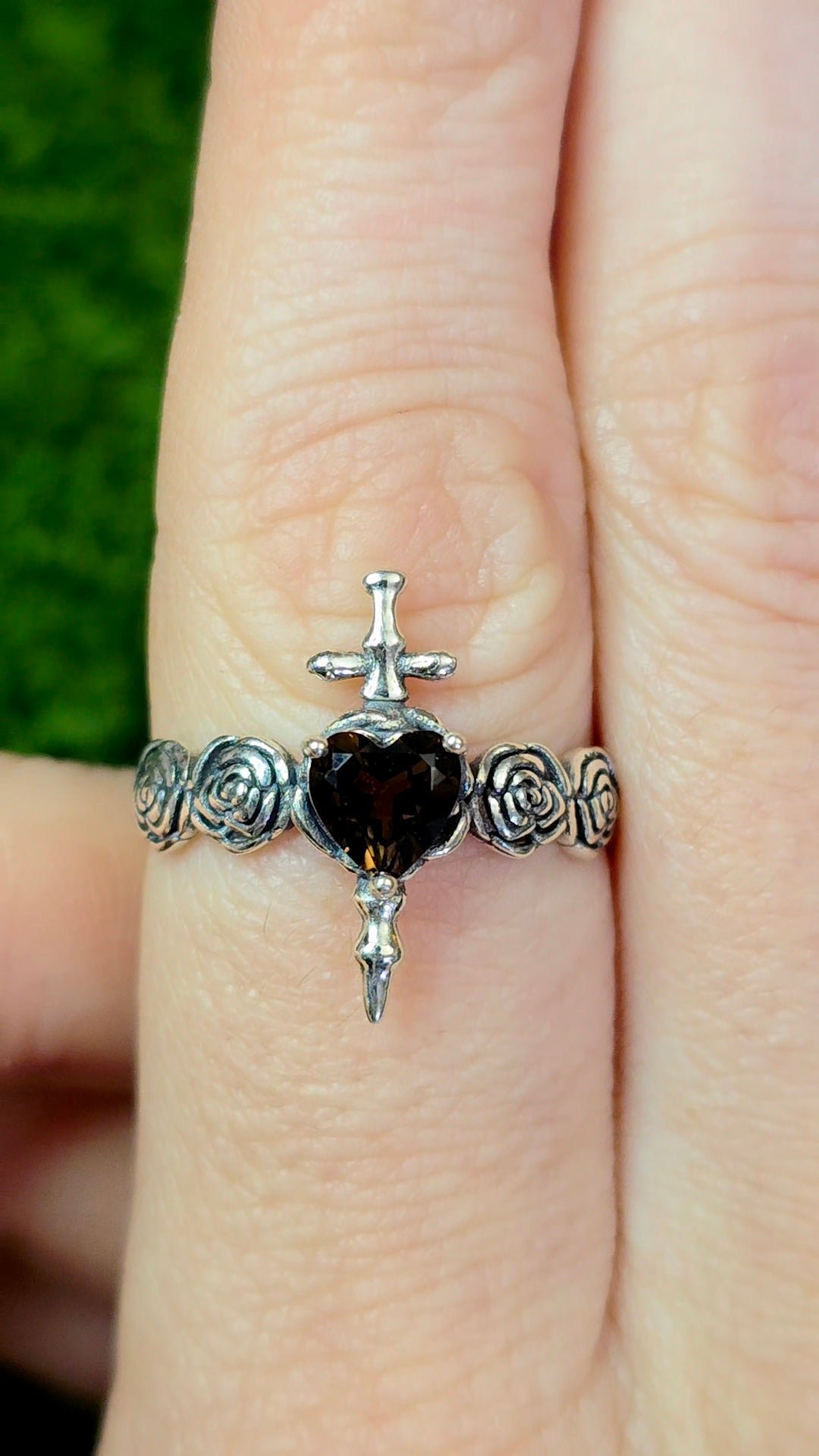 Smokey Quartz Rose and Dagger Ring