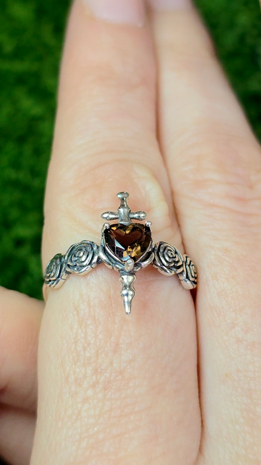 Smokey Quartz Rose and Dagger Ring