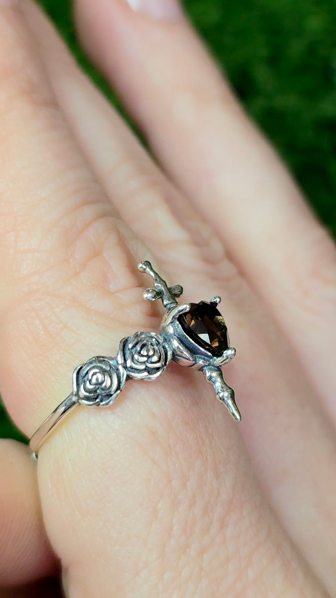 Smokey Quartz Rose and Dagger Ring