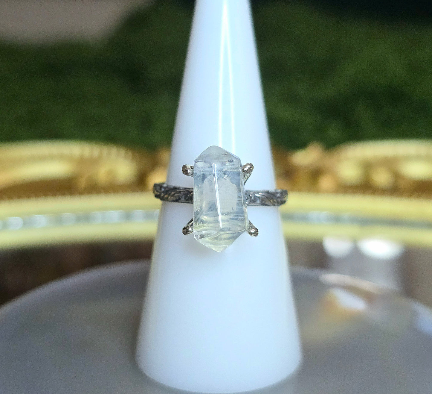 Blue Needle Quartz Double Point Ring