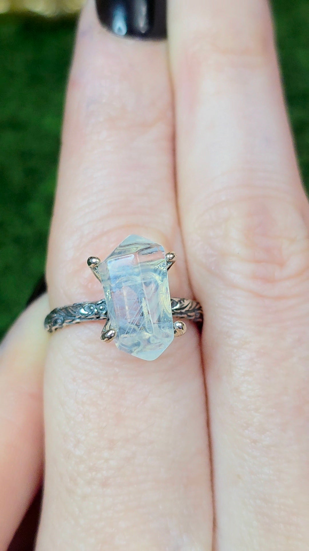 Blue Needle Quartz Double Point Ring