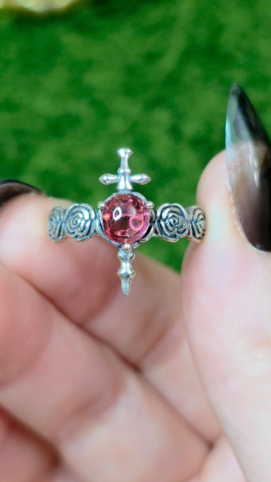 Pink Tourmaline Rose and Dagger Ring