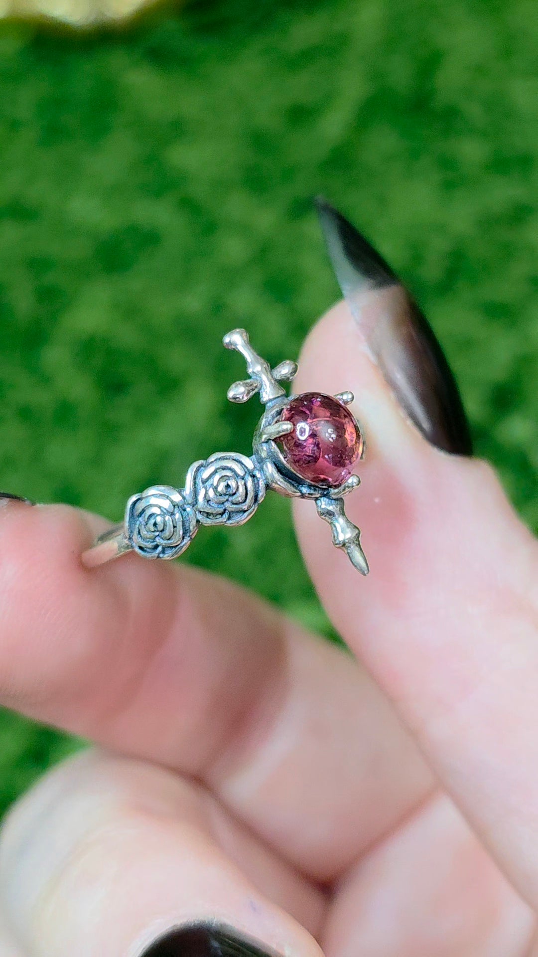 Pink Tourmaline Rose and Dagger Ring