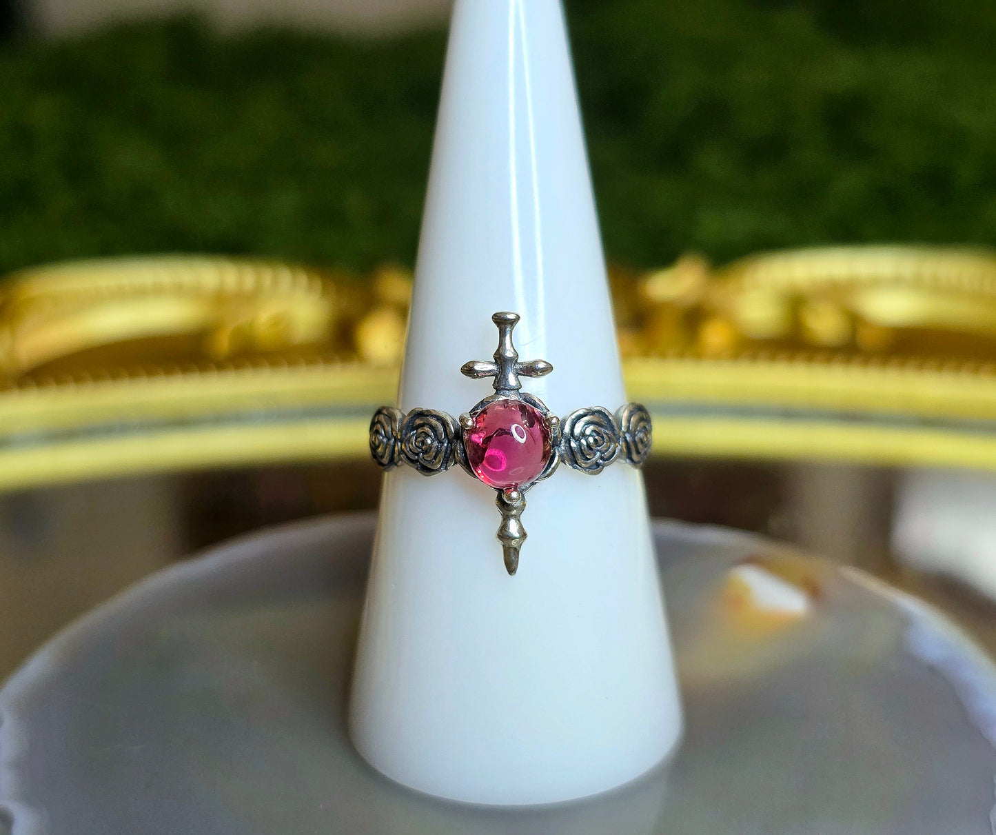 Pink Tourmaline Rose and Dagger Ring