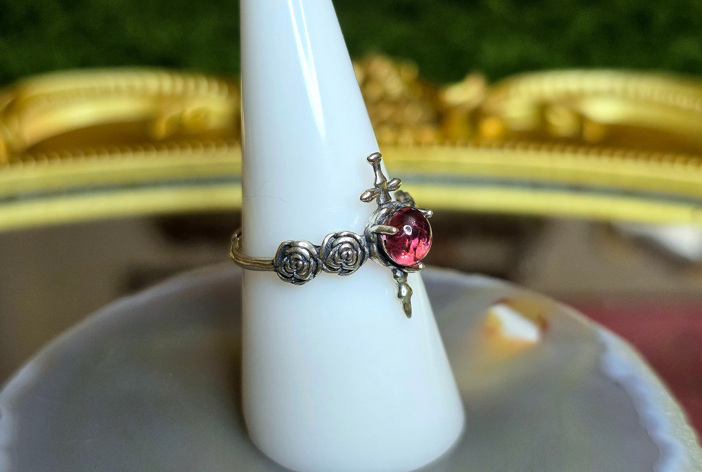 Pink Tourmaline Rose and Dagger Ring