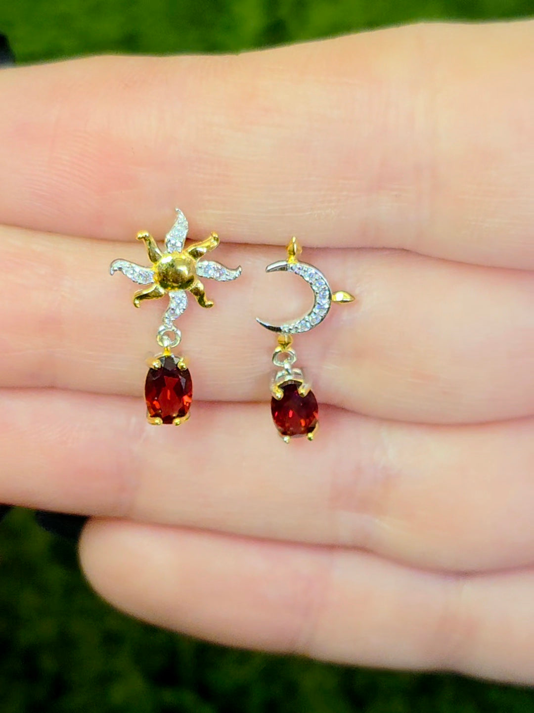 Garnet Sun and Moon Earrings