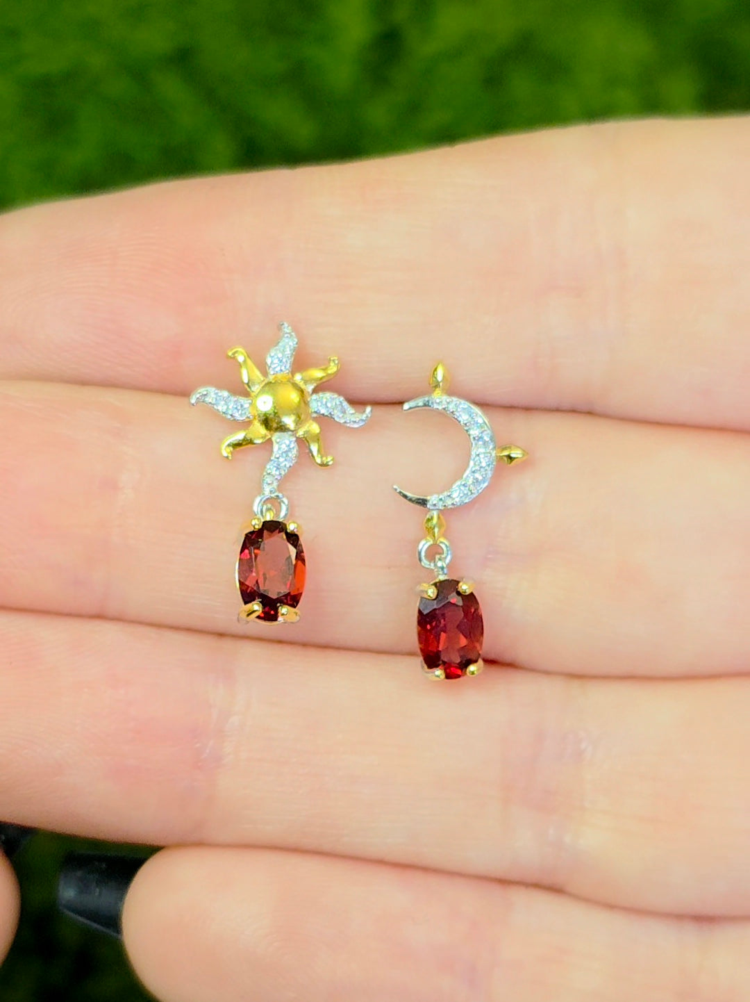 Garnet Sun and Moon Earrings