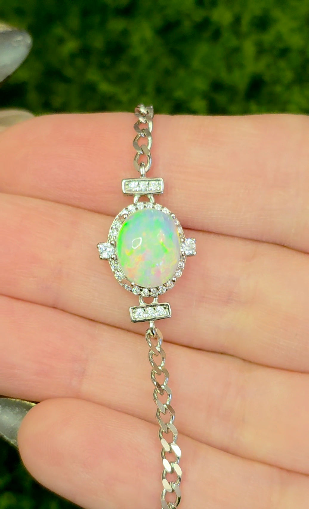 White Opal Halo Sterling Silver Bracelet