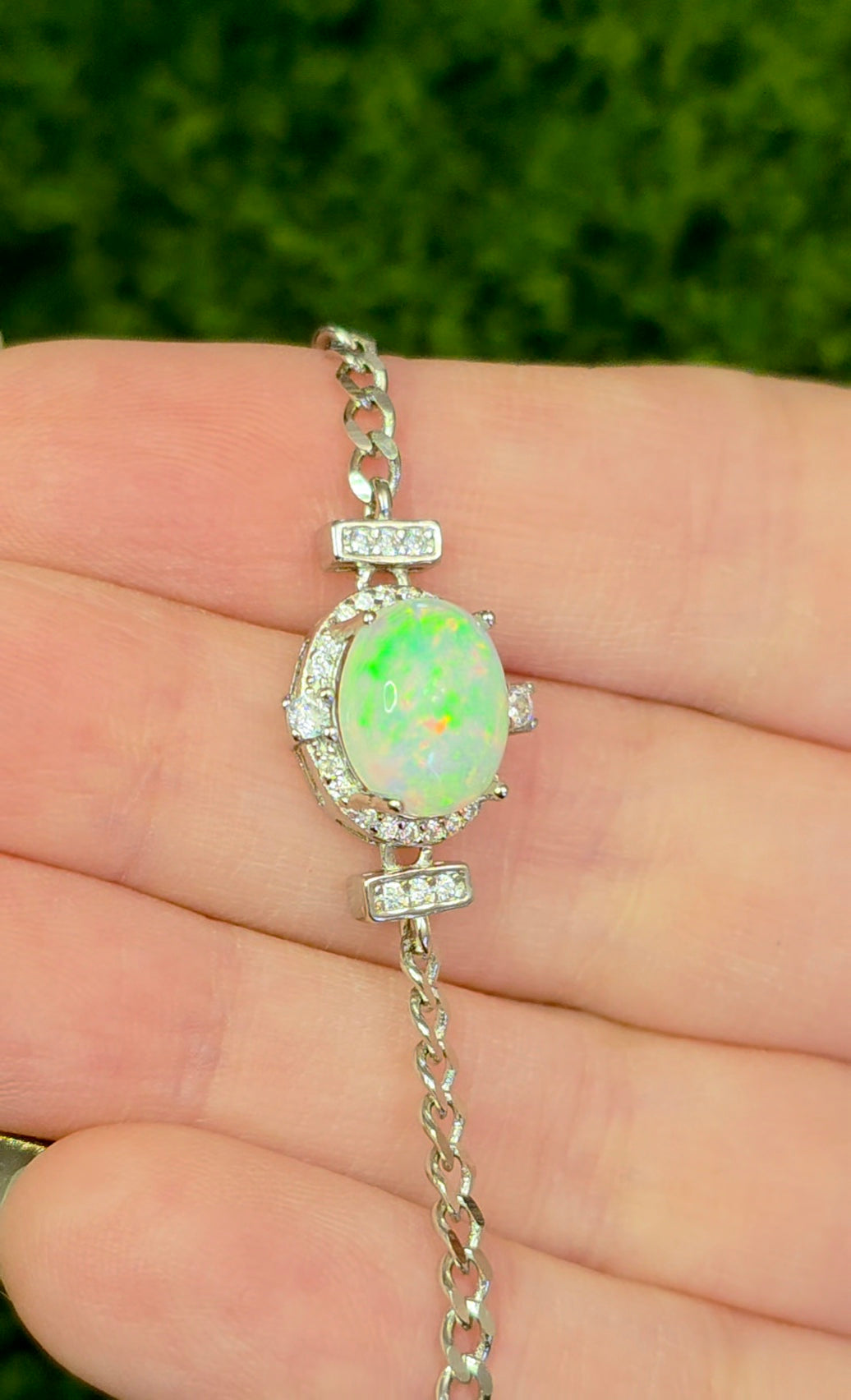 White Opal Halo Sterling Silver Bracelet