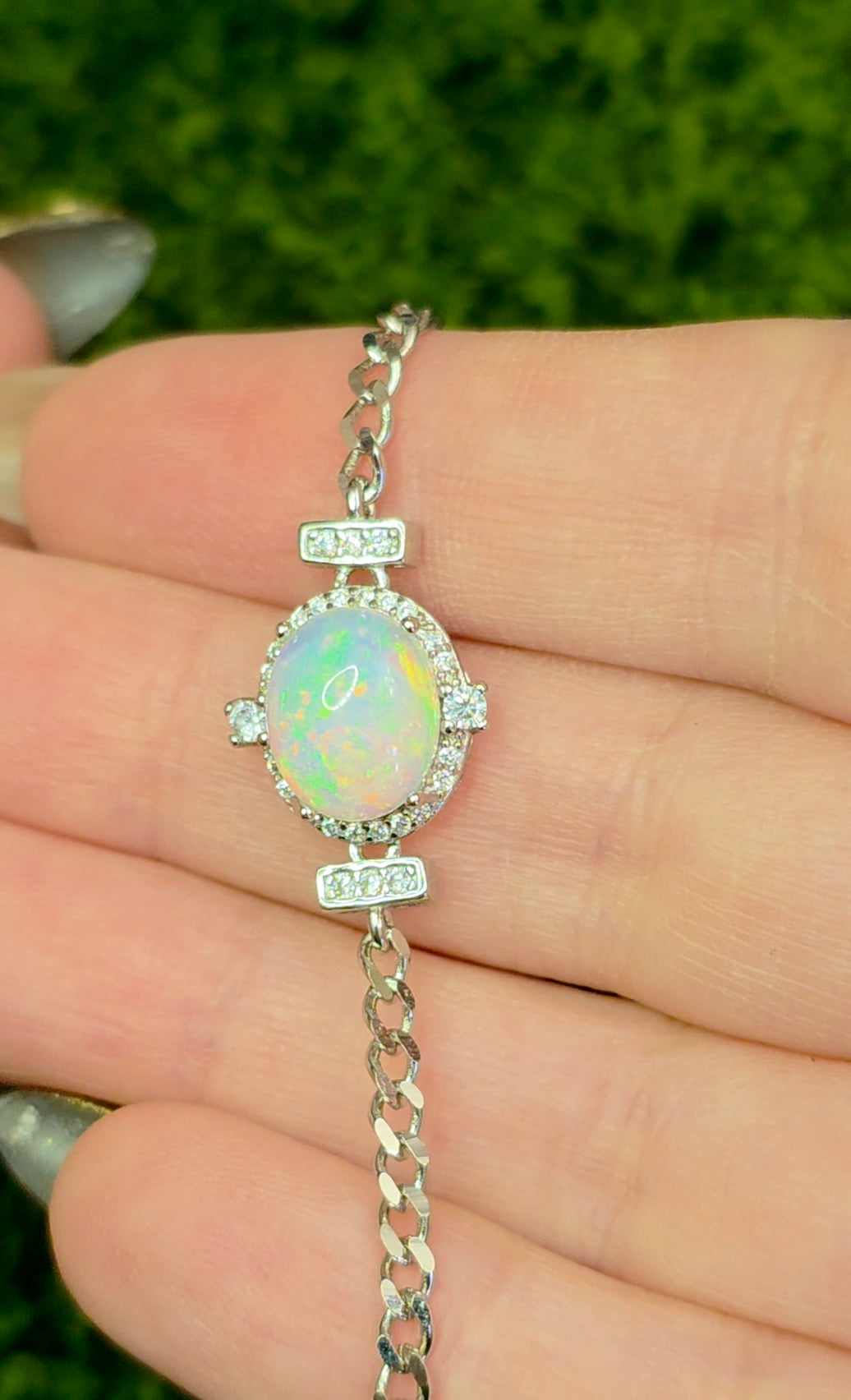 White Opal Halo Sterling Silver Bracelet