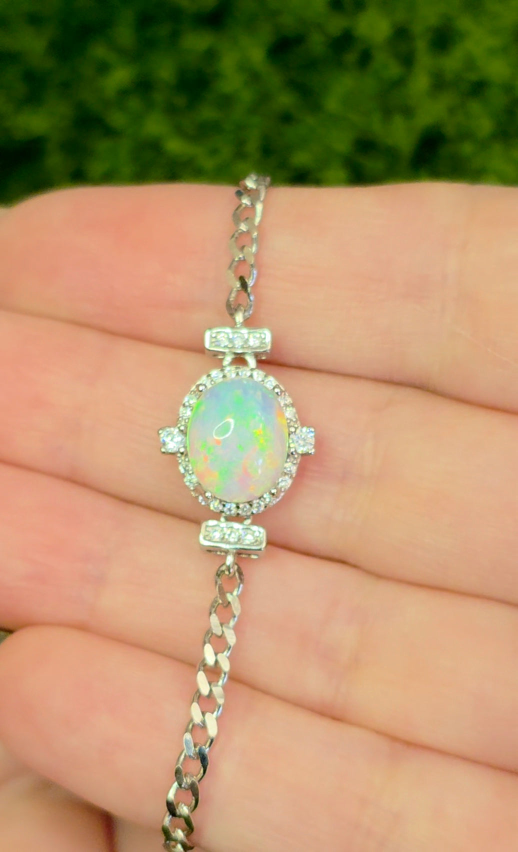 White Opal Halo Sterling Silver Bracelet