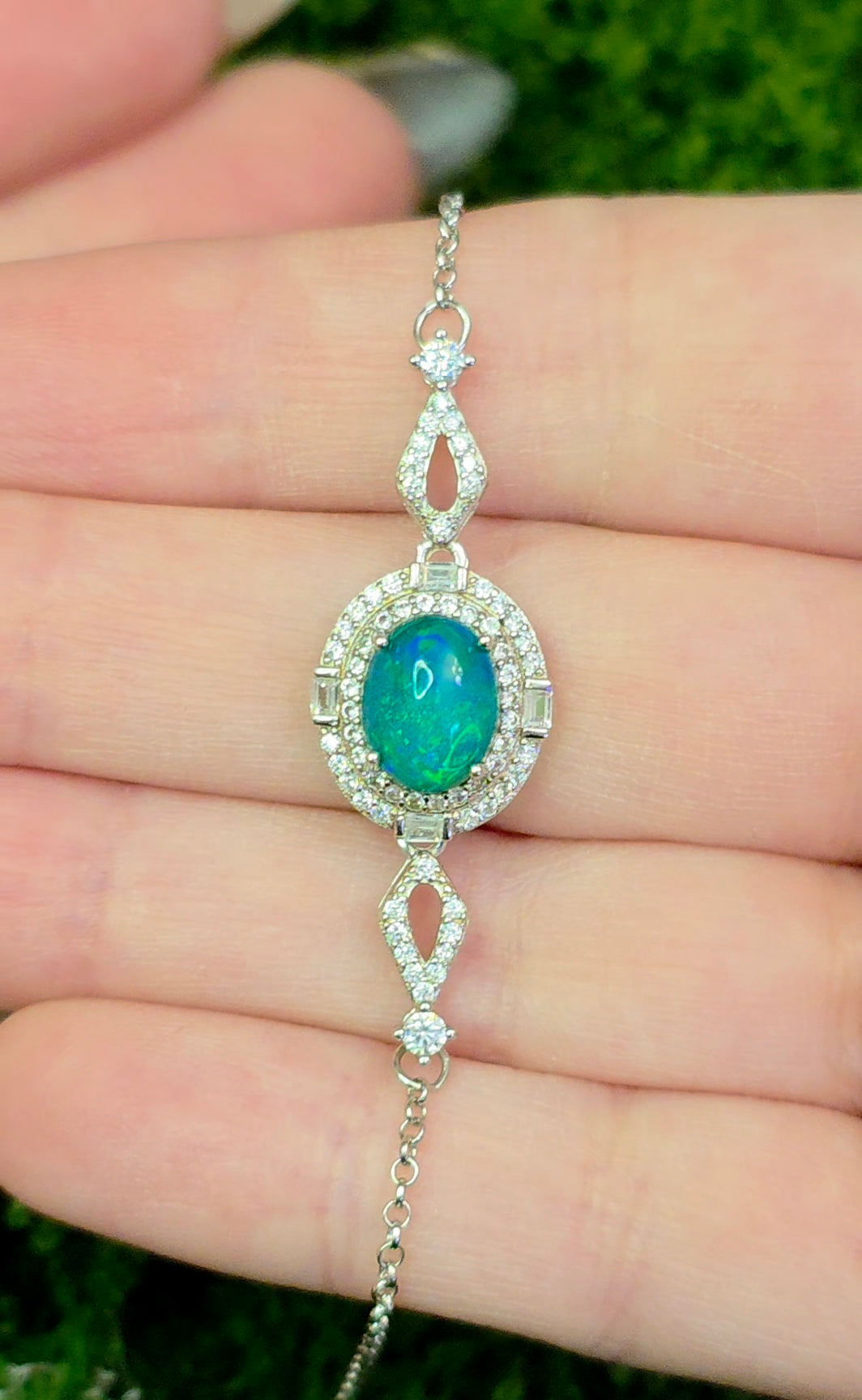 Blue Opal Halo Sterling Silver Bracelet