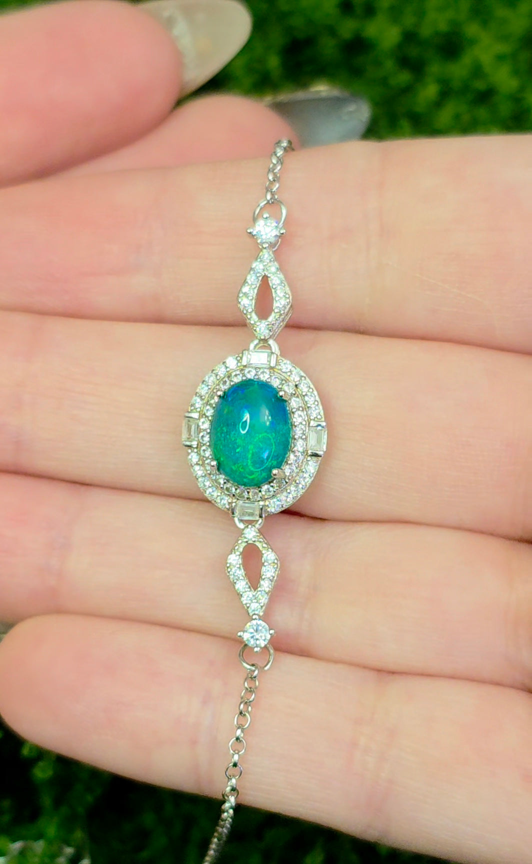 Blue Opal Halo Sterling Silver Bracelet