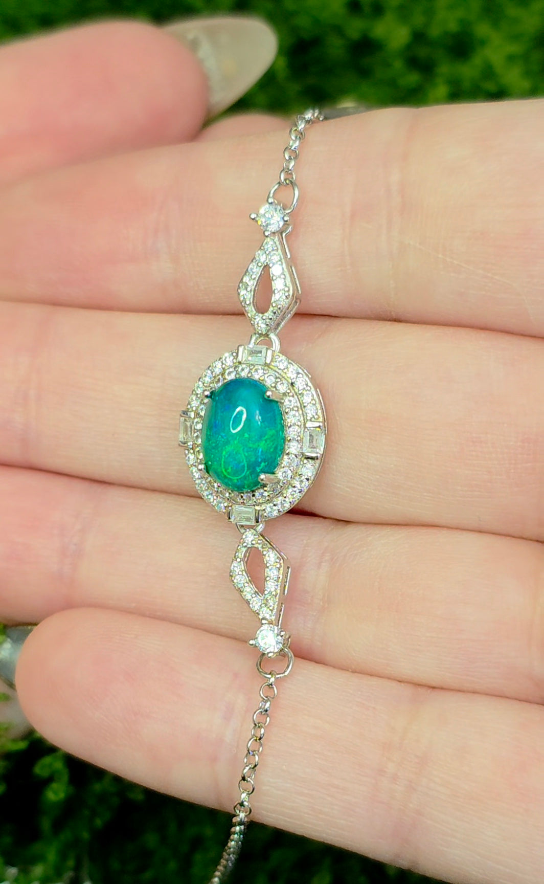 Blue Opal Halo Sterling Silver Bracelet