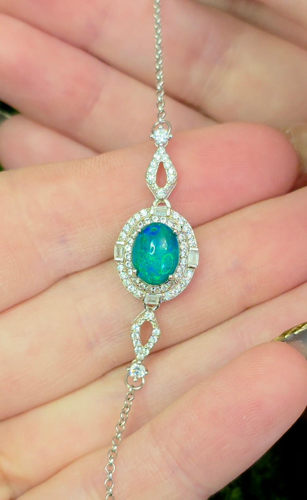 Blue Opal Halo Sterling Silver Bracelet
