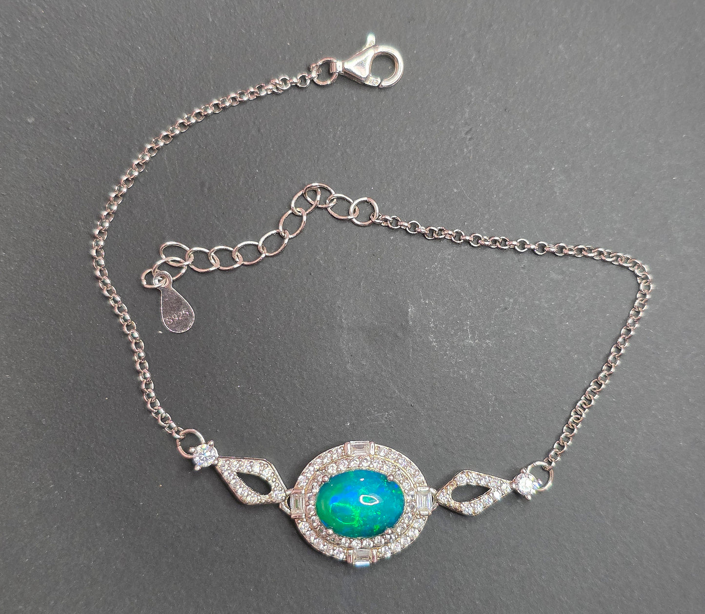 Blue Opal Halo Sterling Silver Bracelet