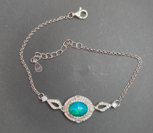 Blue Opal Halo Sterling Silver Bracelet