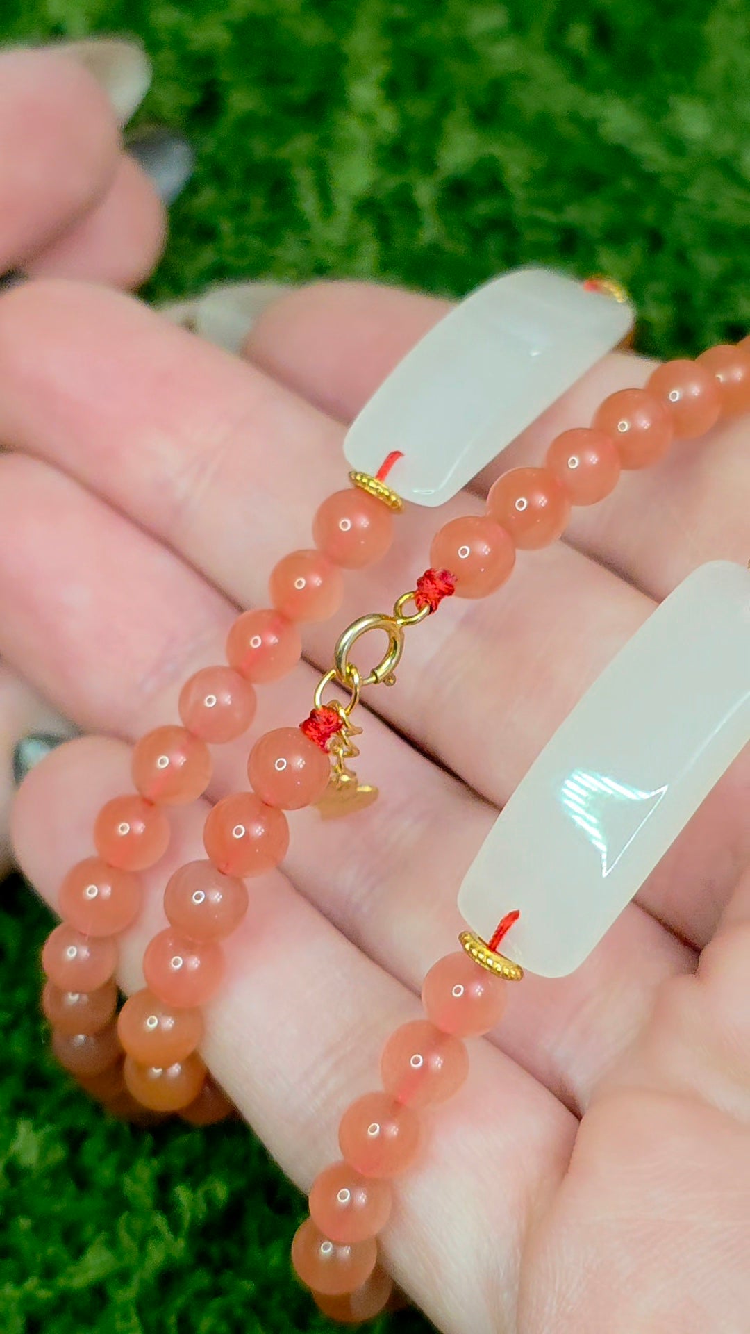White Jadeite and Nanhong Agate Sterling Silver Bracelet