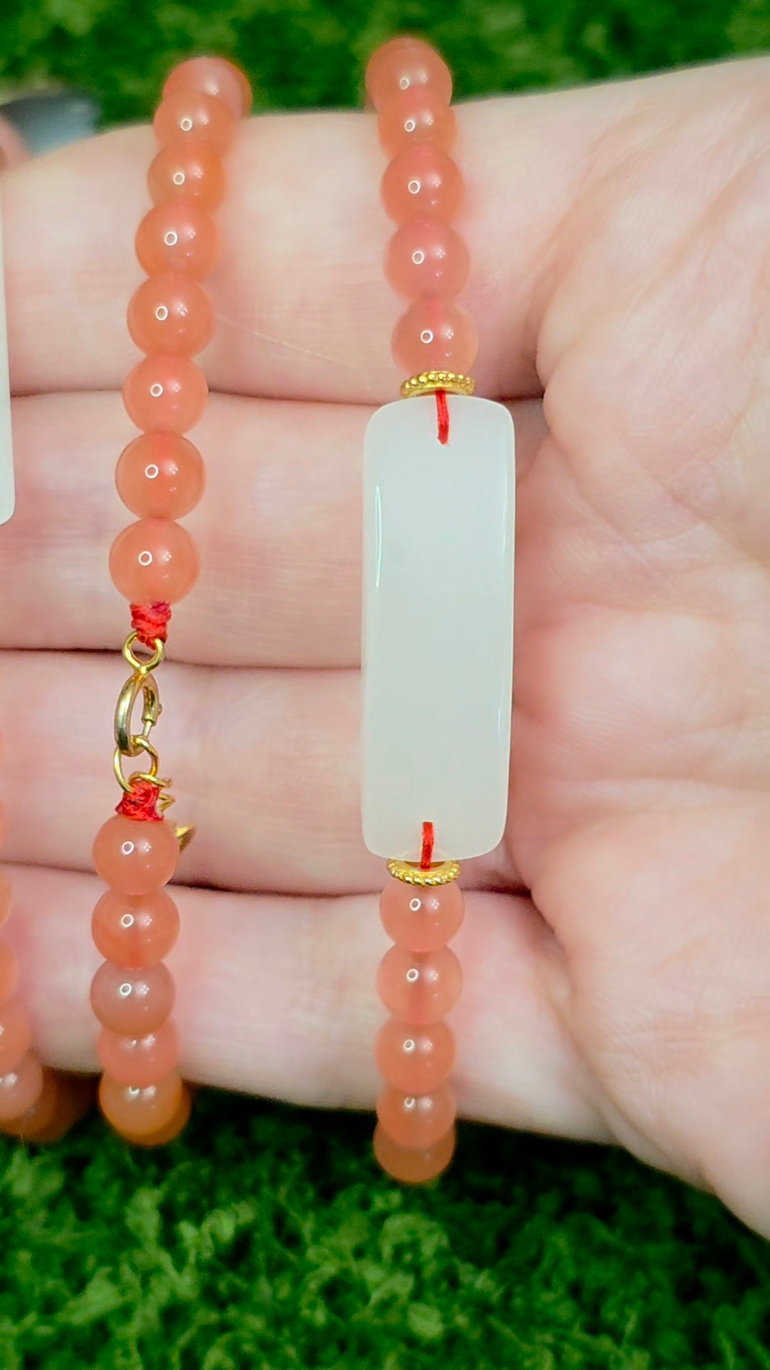 White Jadeite and Nanhong Agate Sterling Silver Bracelet