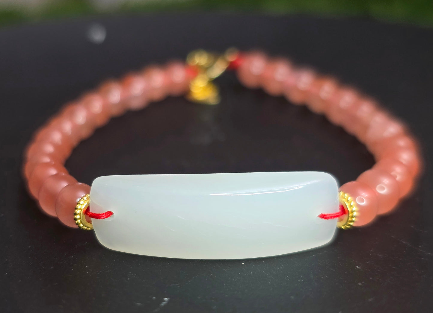 White Jadeite and Nanhong Agate Sterling Silver Bracelet