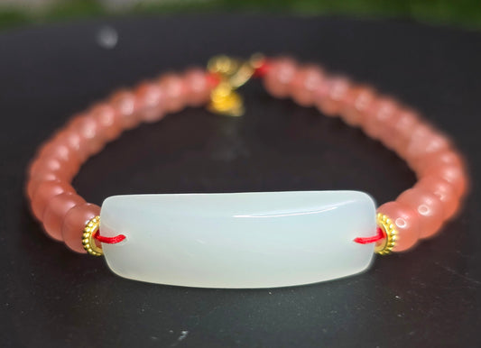 White Jadeite and Nanhong Agate Sterling Silver Bracelet