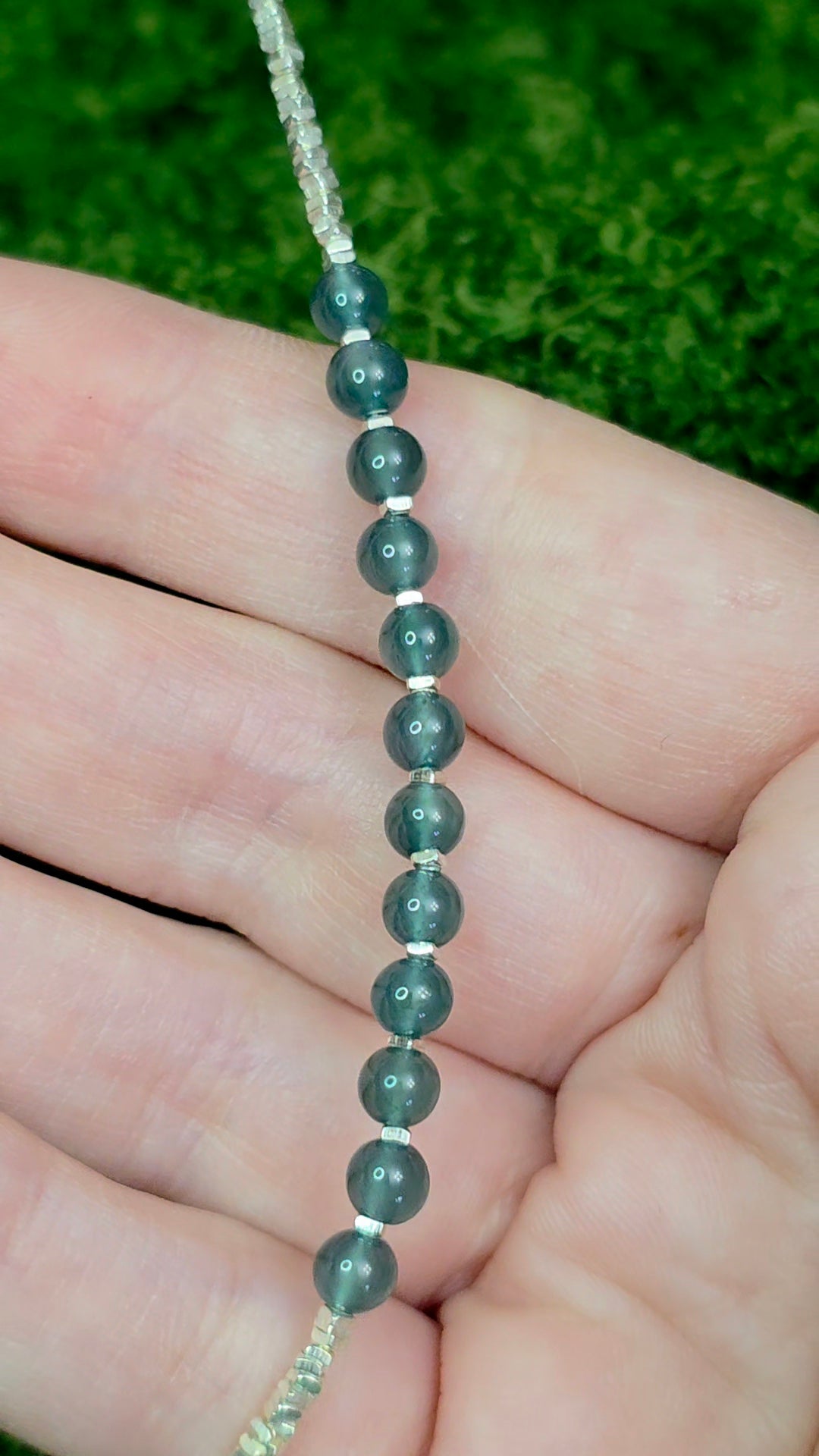 Blue Water Jadeite Beaded Sterling Silver Bracelet