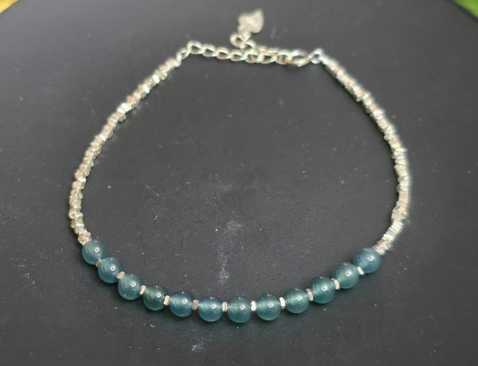 Blue Water Jadeite Beaded Sterling Silver Bracelet
