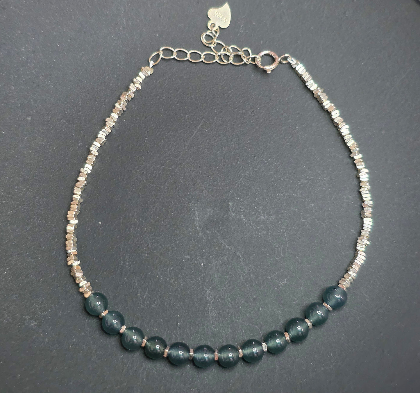 Blue Water Jadeite Beaded Sterling Silver Bracelet