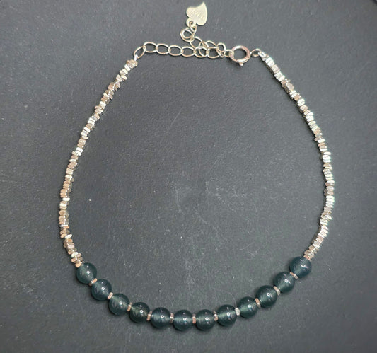 Blue Water Jadeite Beaded Sterling Silver Bracelet