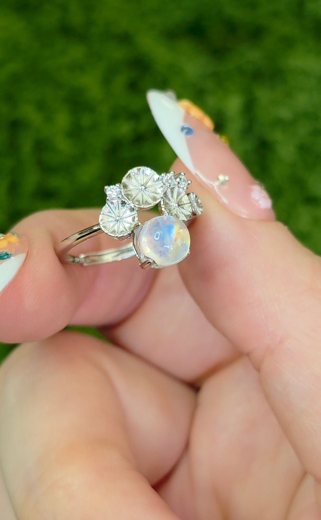 Rainbow Moonstone Lilypad Ring