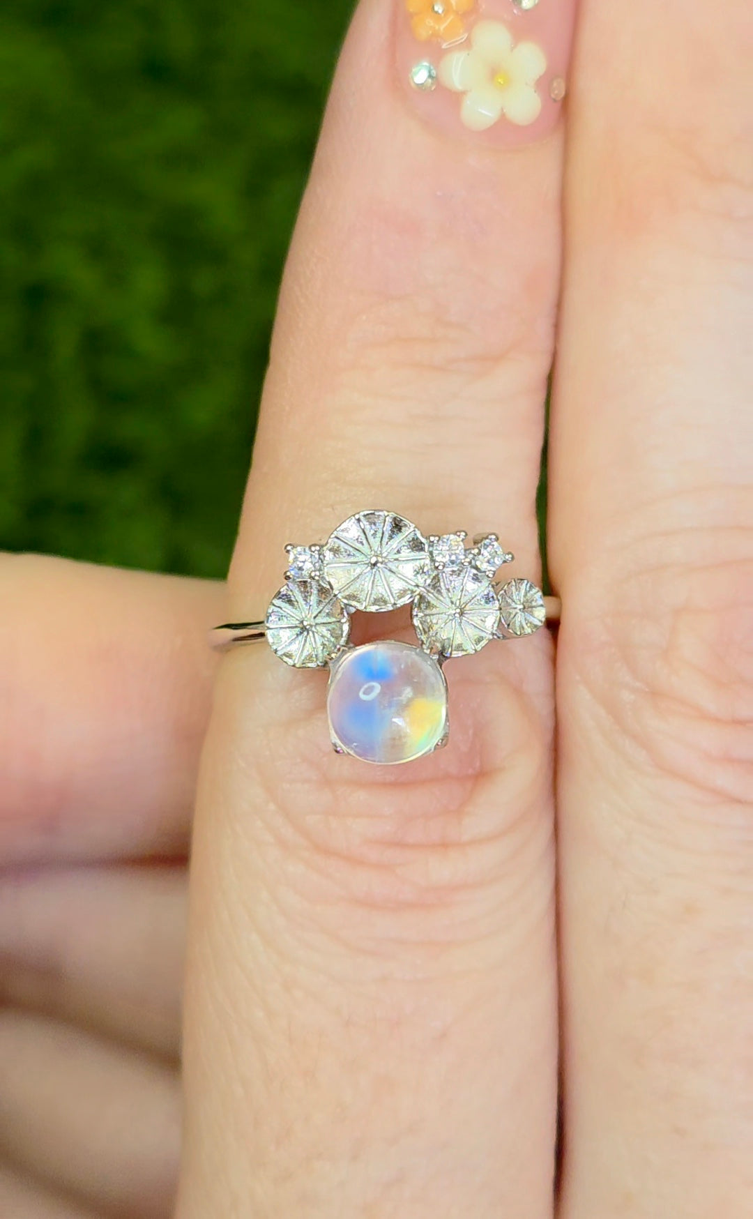 Rainbow Moonstone Lilypad Ring