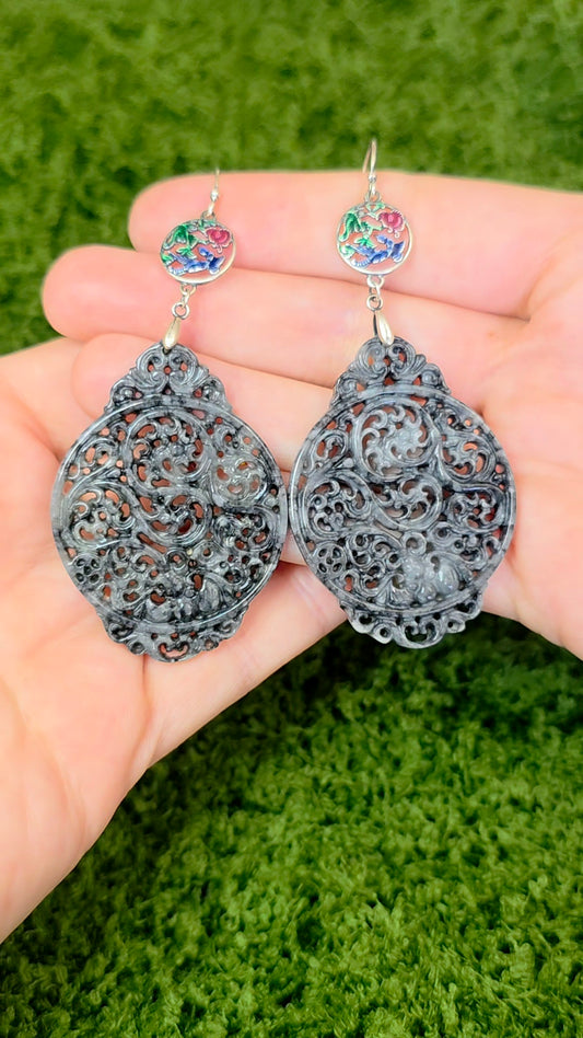 Black Jadeite Filigree Earrings