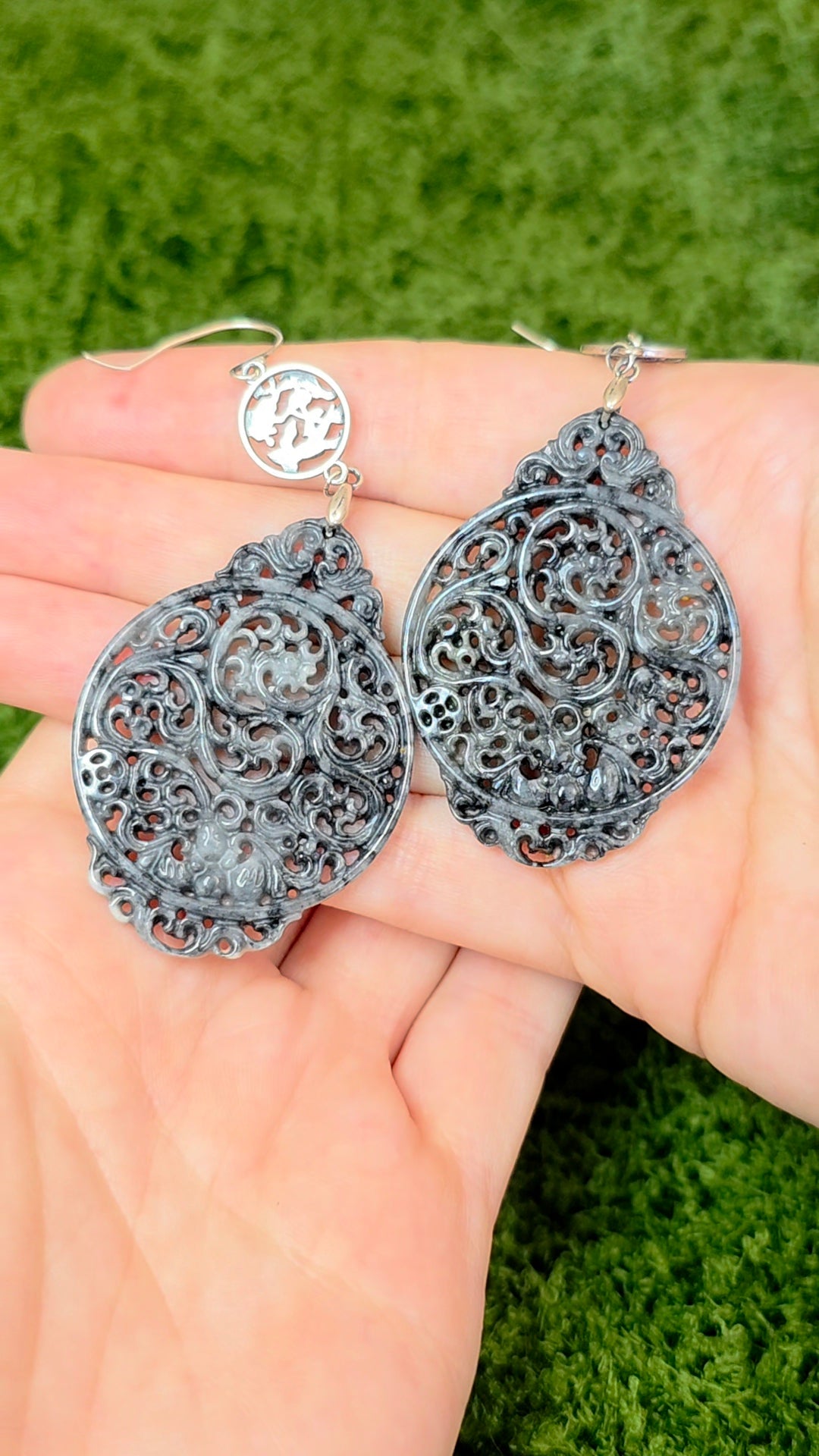 Black Jadeite Filigree Earrings