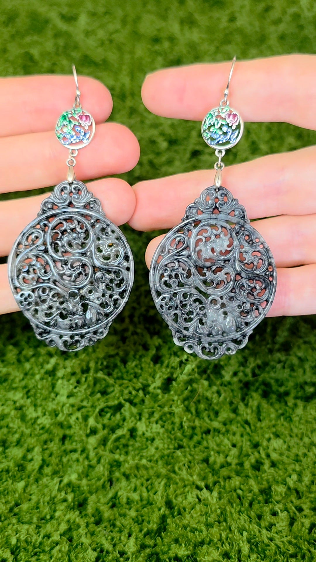 Black Jadeite Filigree Earrings