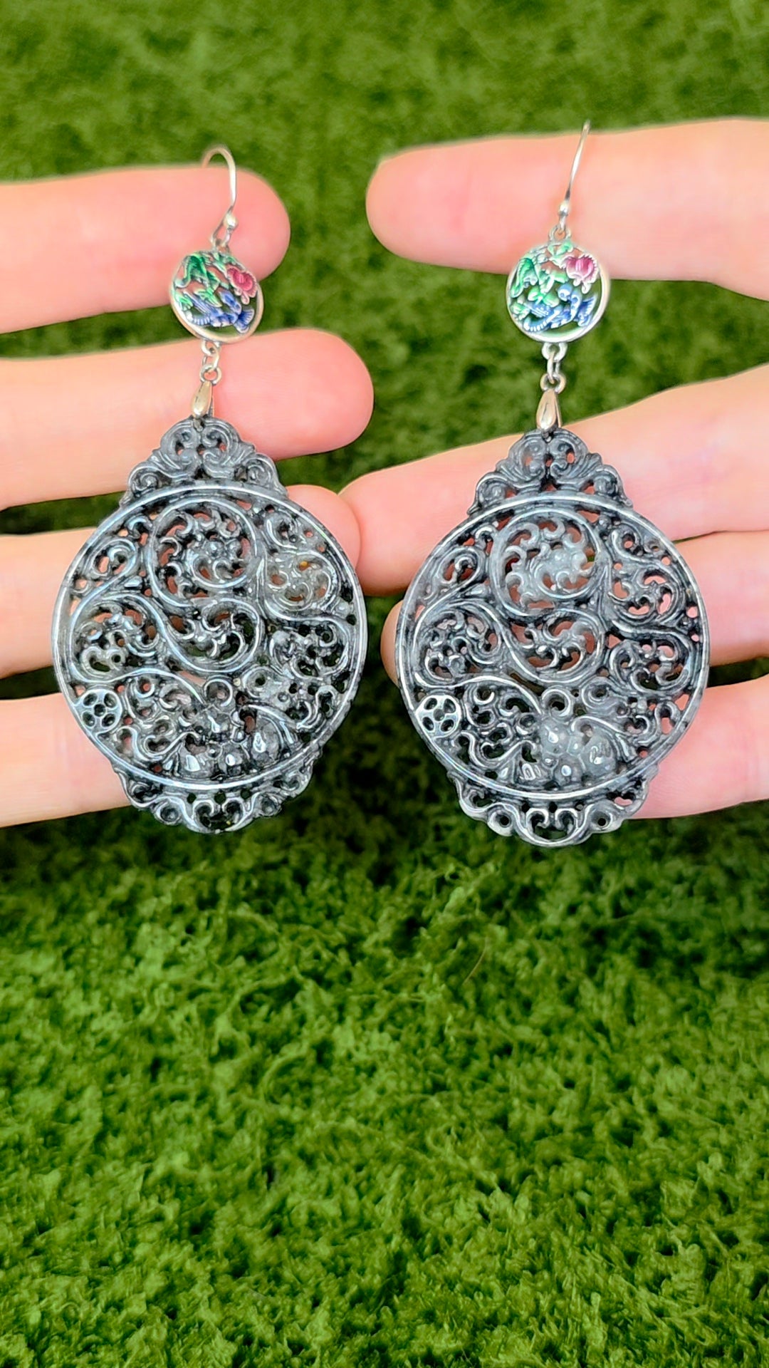 Black Jadeite Filigree Earrings