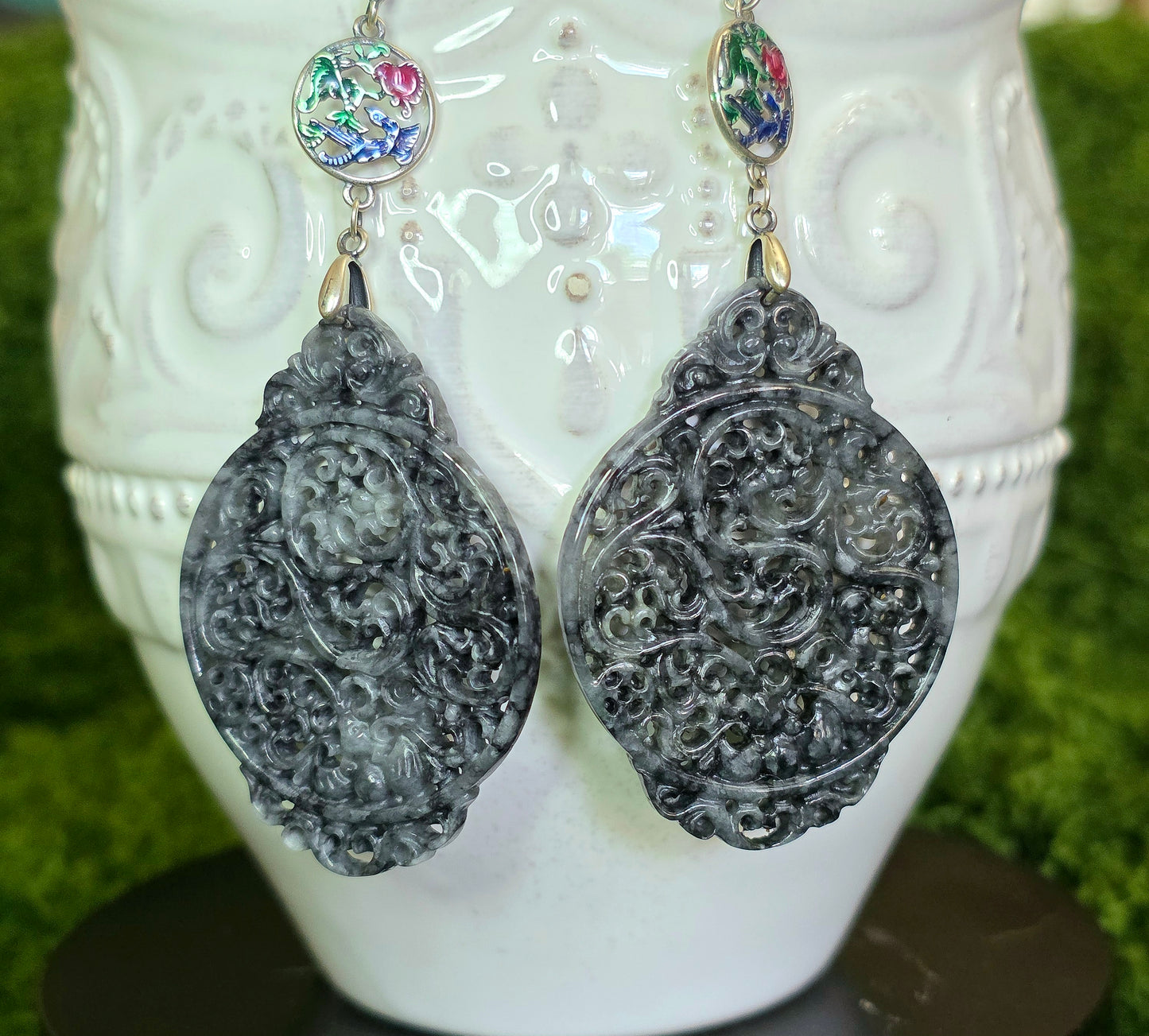 Black Jadeite Filigree Earrings