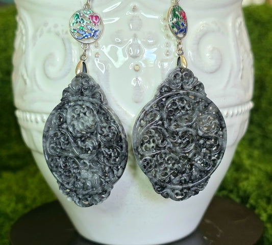 Black Jadeite Filigree Earrings