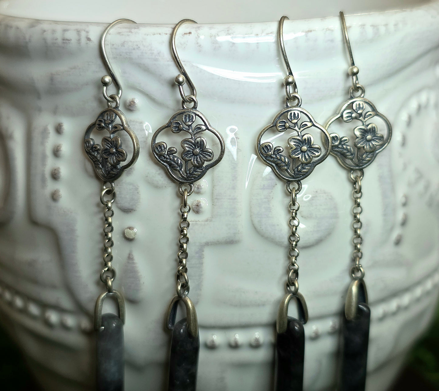 Dark Grey Jadeite Dangle Earrings