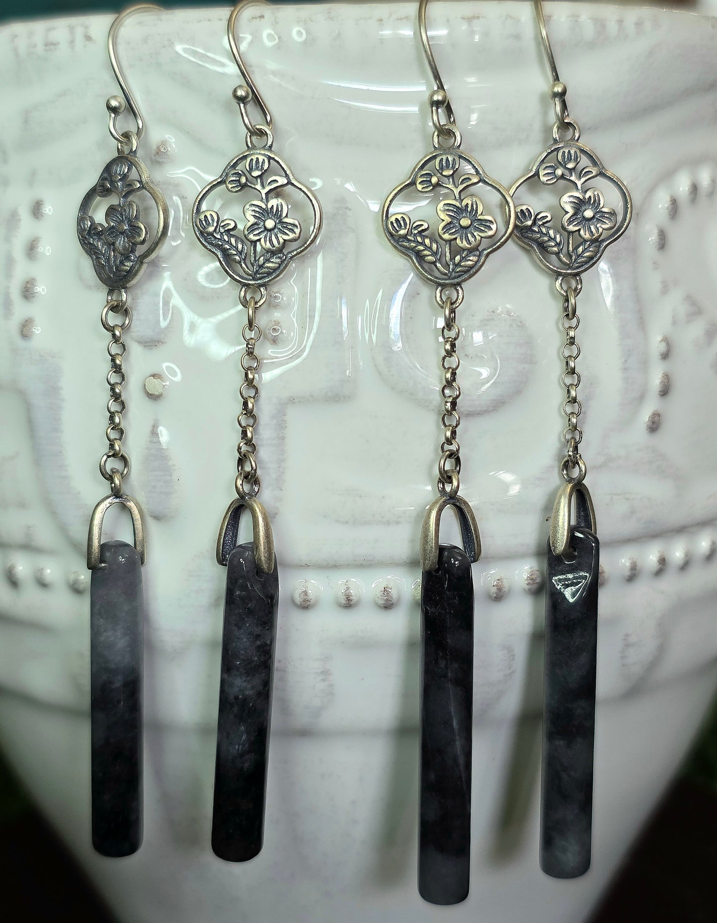 Dark Grey Jadeite Dangle Earrings