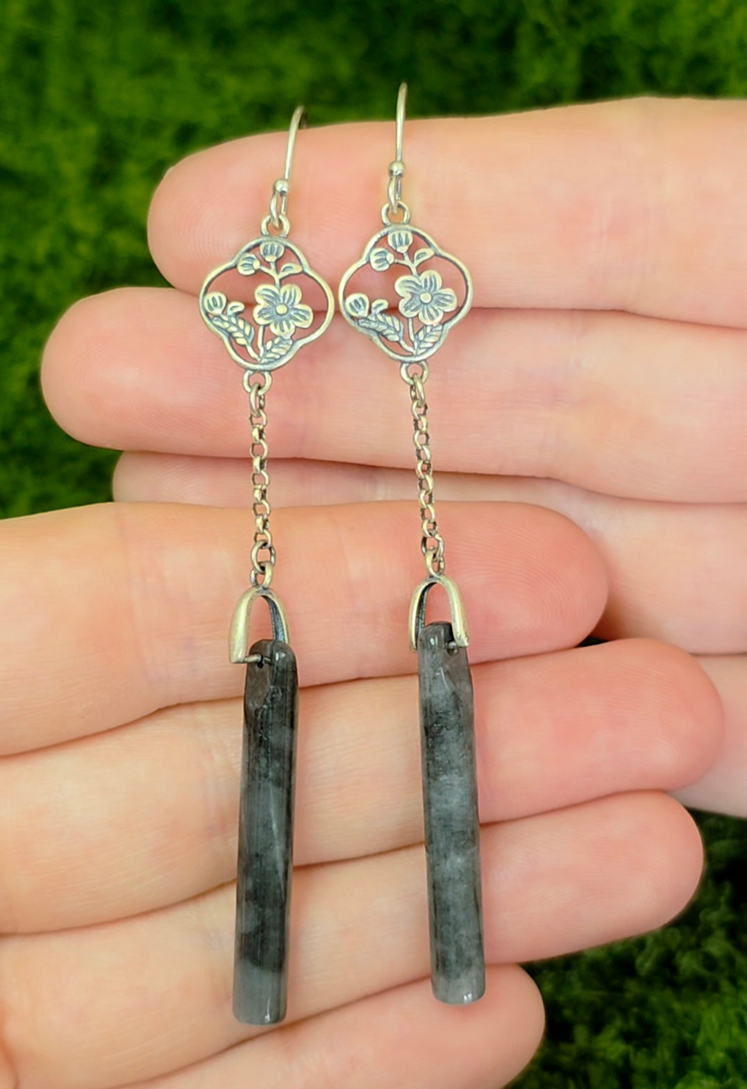 Dark Grey Jadeite Dangle Earrings