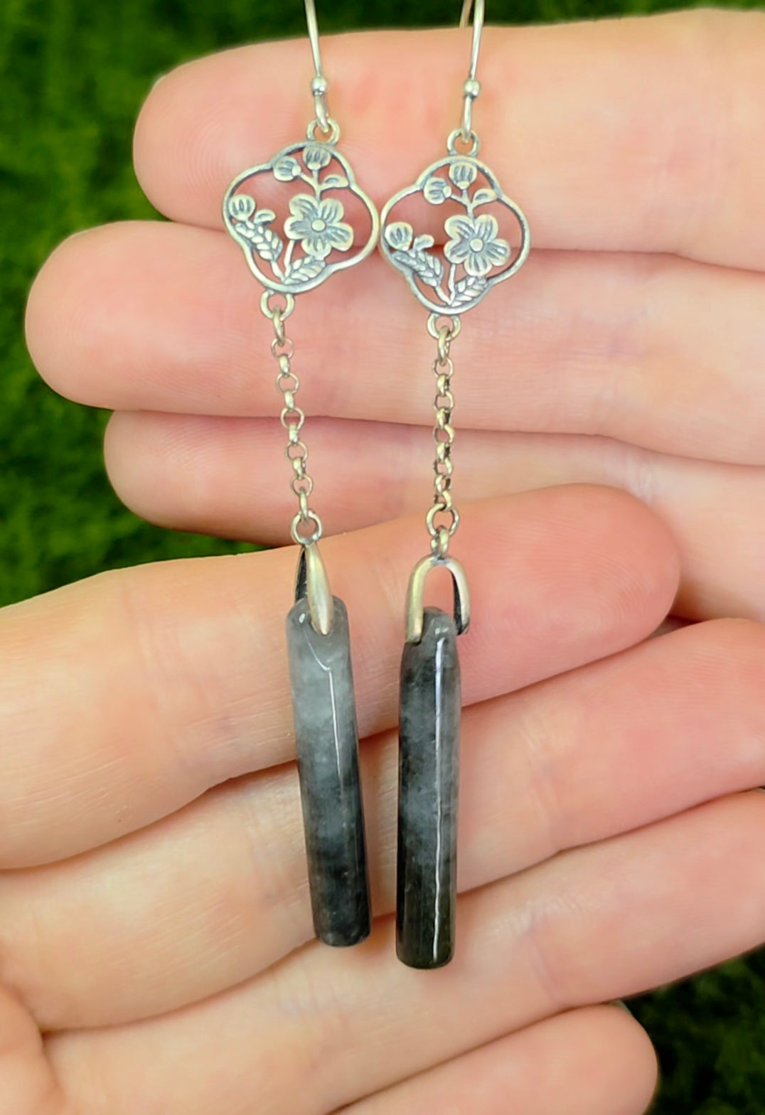 Dark Grey Jadeite Dangle Earrings