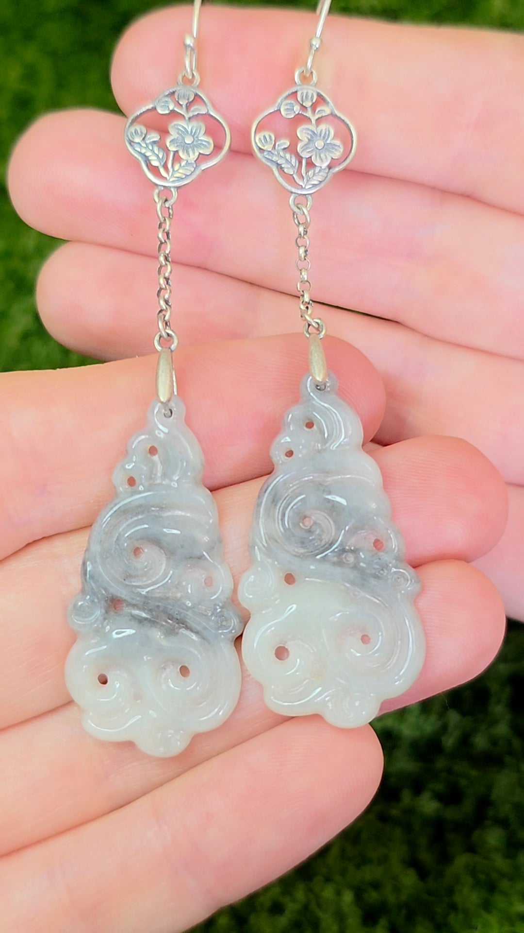 Two Tone Grey Jadeite Cloud Earrings