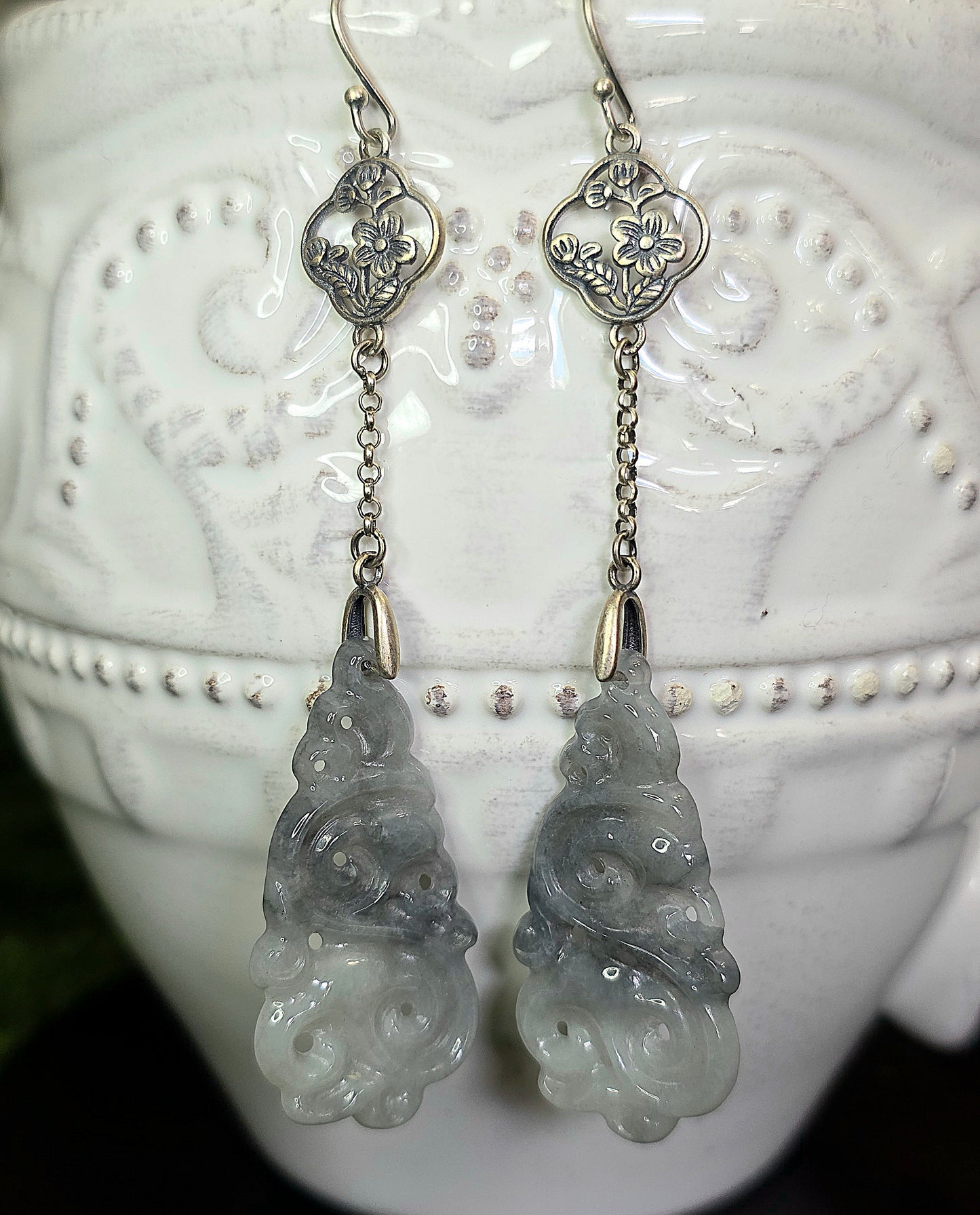 Two Tone Grey Jadeite Cloud Earrings