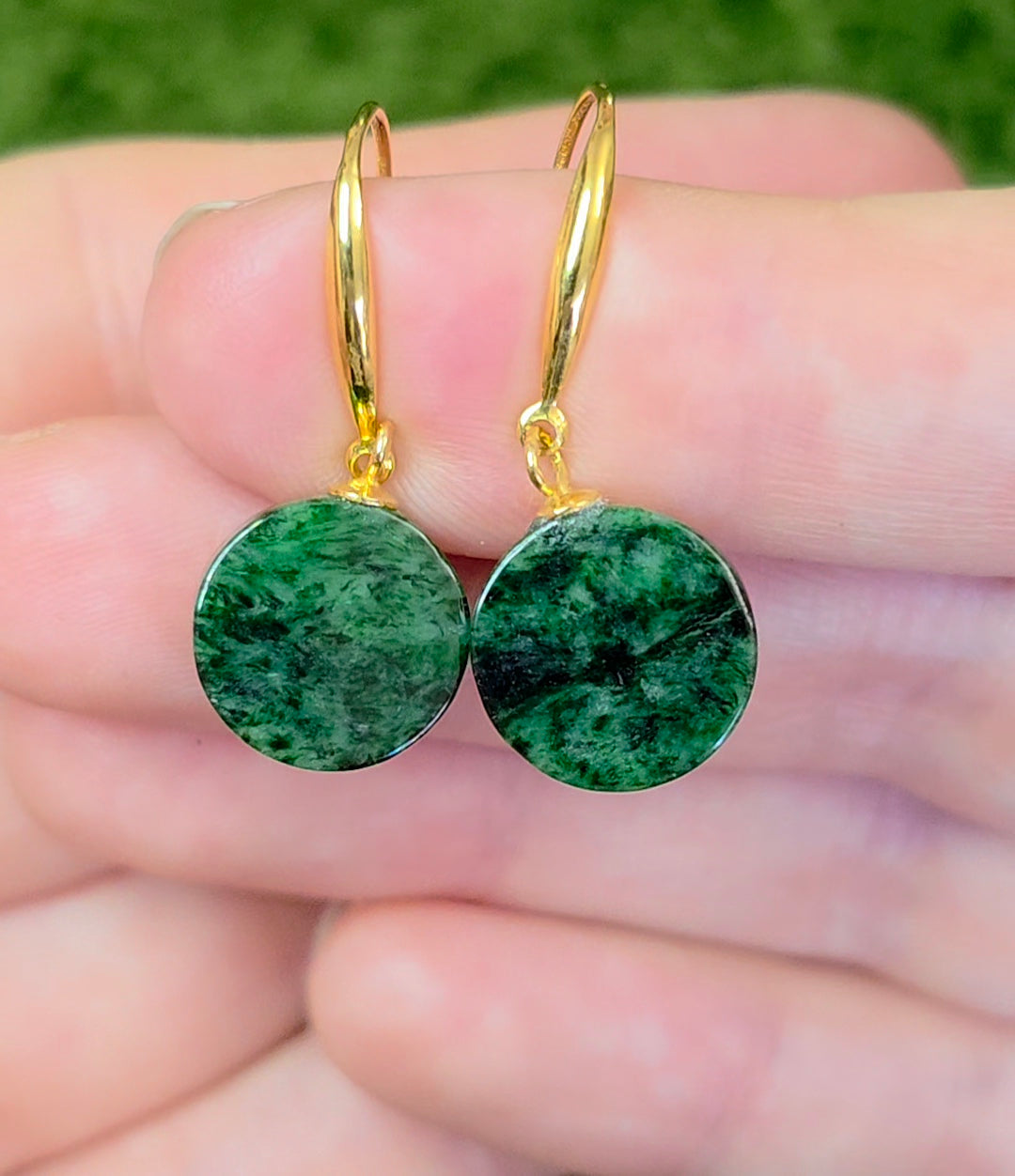 Dark Green Jadeite Disk Earrings