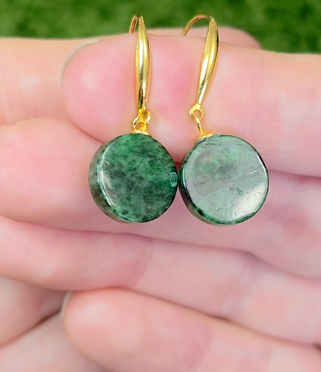 Dark Green Jadeite Disk Earrings