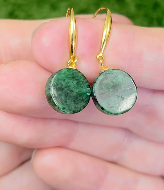 Dark Green Jadeite Disk Earrings