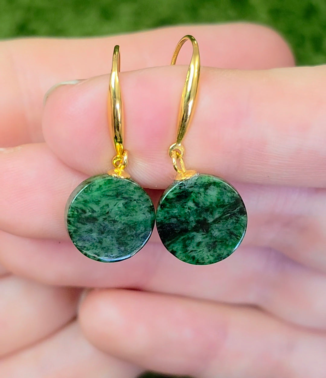Dark Green Jadeite Disk Earrings