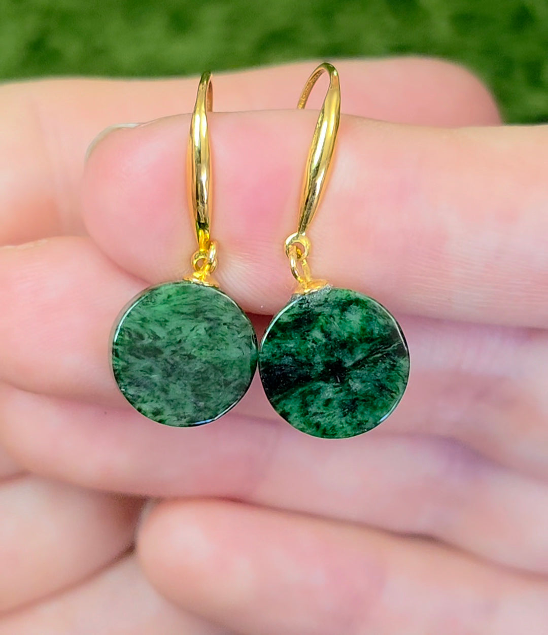 Dark Green Jadeite Disk Earrings