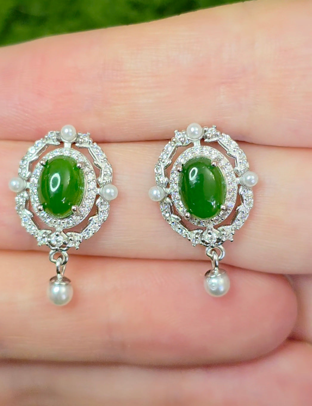 Jadeite and Faux Pearl Earrings