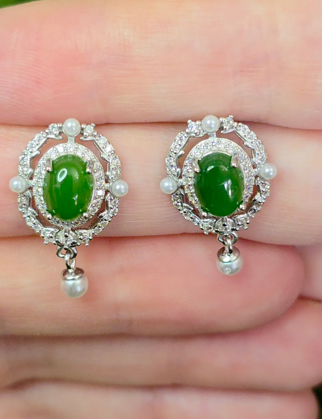 Jadeite and Faux Pearl Earrings